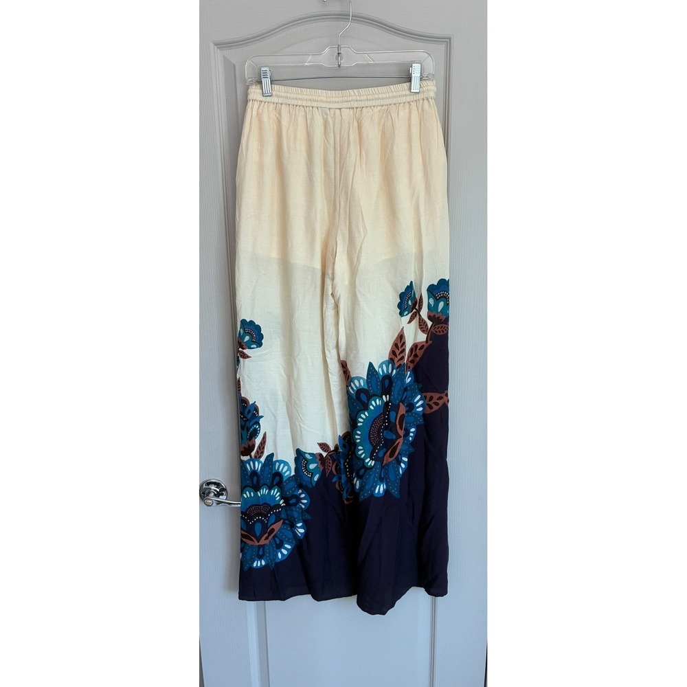 Farm Rio Anthropologie Floral Wide Leg Pants Cream Navy Blue Beaded Tassel Small - Picture 12 of 14